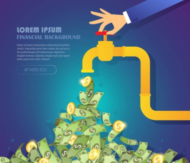 El, para ve banknotların aktığı bir musluğu açar. Mali gelir, nakit akışı, pasif gelir kavramı. İş vektörü illüstrasyonu