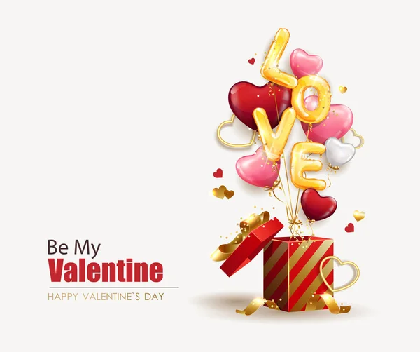 Szablon Projektu Walentynek Otwórz Pudełko Balonami Kształcie Serca Napis Miłości — Wektor stockowy