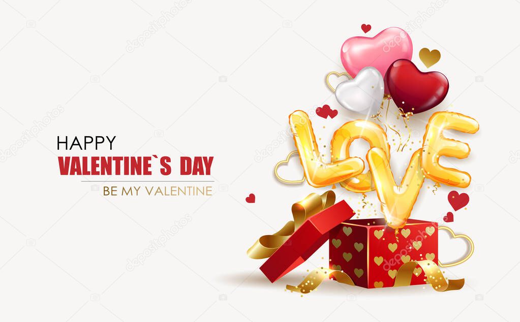 Valentine's day design template. Open gift box with heart shaped balloons and love inscription made of helium balloons. Promotion and shopping template or holiday background. Vector illustration 