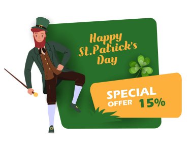 İrlandalı fantastik karakter Cüce ile Aziz Patrick Günü indirimi ve satış etiketi. Özel teklif sunucu vektör tasarımı