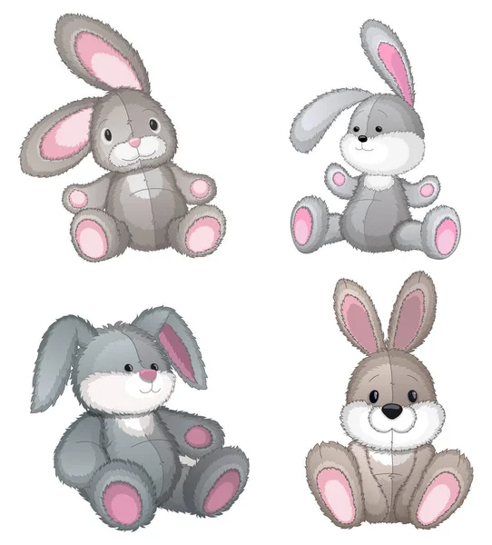 Ensemble Peluches Douces Lapin Jouets Sur Fond Blanc Illustration Vectorielle — Image vectorielle