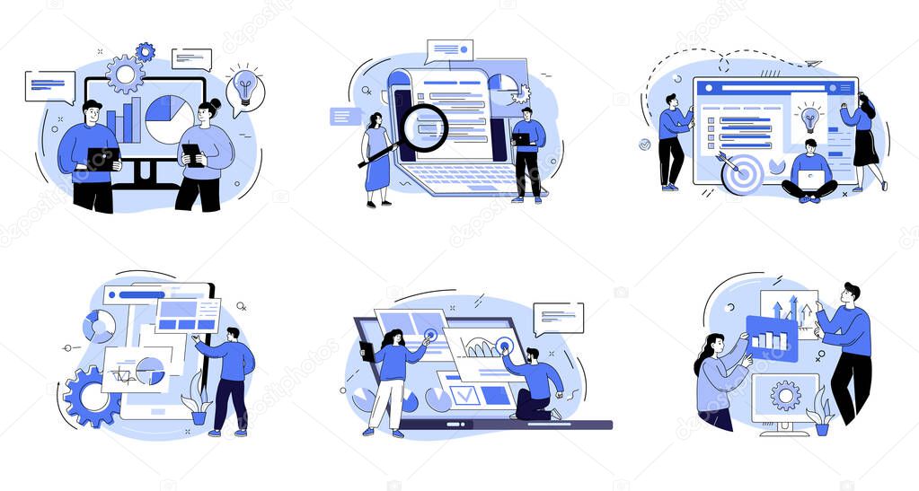 Group of men and women taking part in a business meeting, brainstorming, conference and seminar. The concept of career growth, job success and teamwork. Outline vector illustrations