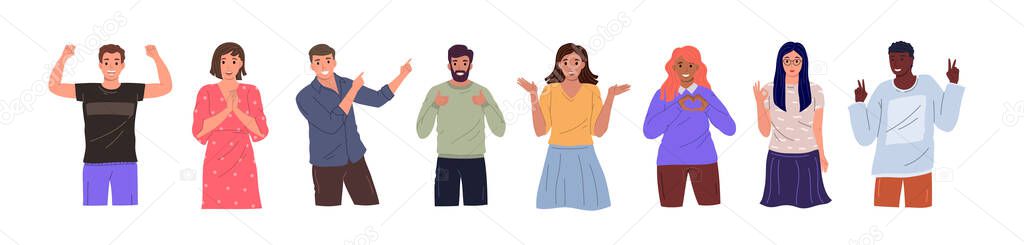 Group of diverse happy people of different races and nationalities in different poses standing together on white background. Cheerful cartoon characters set. Flat vector illustration