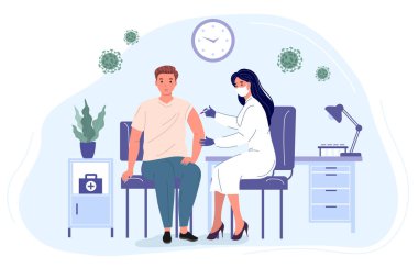 Tıp profesörü genç bir adama iğne yapıyor. Nüfusun koronavirüsten aşılanması. Tıp Sağlığı Konsepti Vektör İllüstrasyonu