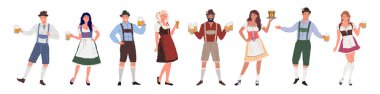 Group of people of different genders, in traditional German costumes. Oktoberfest characters in retro style with glasses of beer in hands on a white background. Set of flat cartoon characters. Vector illustration. clipart
