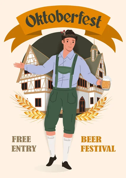 Oktoberfest Cerveza Festival Cartel Vintage Hombre Con Traje Nacional Alemán — Vector de stock