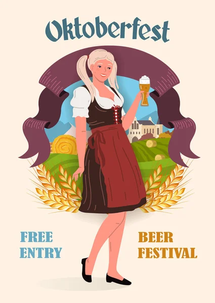 전통적 풍경을 배경으로 있습니다 페스트 Oktoberfest 페스티벌 포스터는 스타일로 만들었다 로열티 프리 스톡 벡터