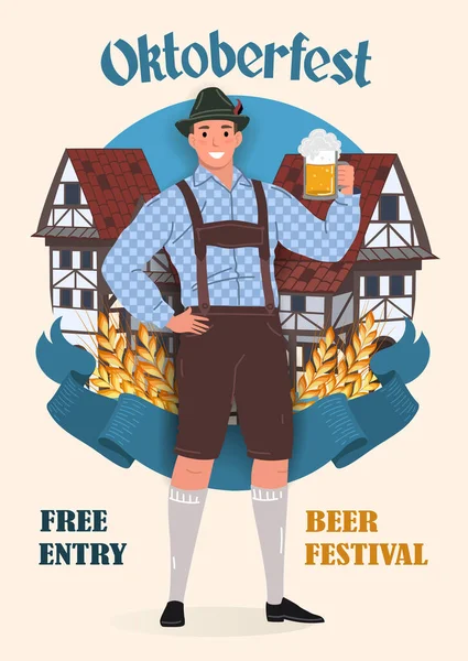 Manifesto Vintage Dell Oktoberfest Festival Della Birra Uomo Costume Tradizionale Vettoriale Stock