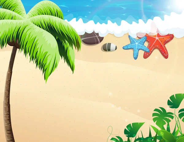 Strand met palmbomen en zeesterren — Stockvector