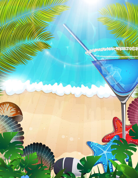  Коктейль с пальмовыми ветвями на тропическом фоне

