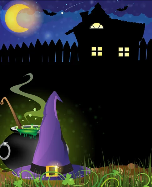 Witch hat, cauldron and haunted house — Stock Vector