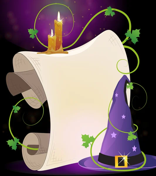 Witch hat and burning candles — Stock Vector