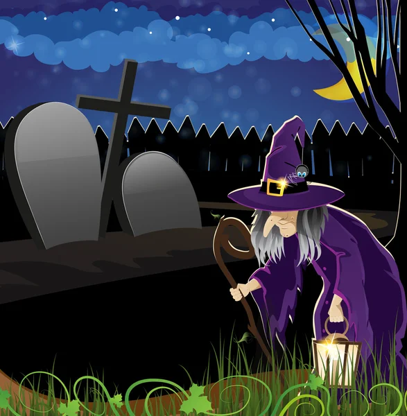 Wicked witch in the cemetery — Stock Vector