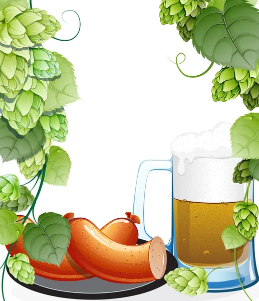 Sausages and mug of beer with hops — Stock Vector