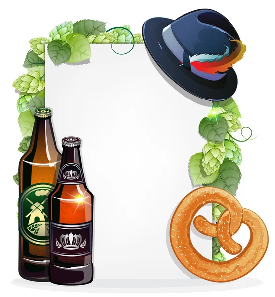 Garrafas de cerveja, pretzel e chapéu Oktoberfest — Vetor de Stock