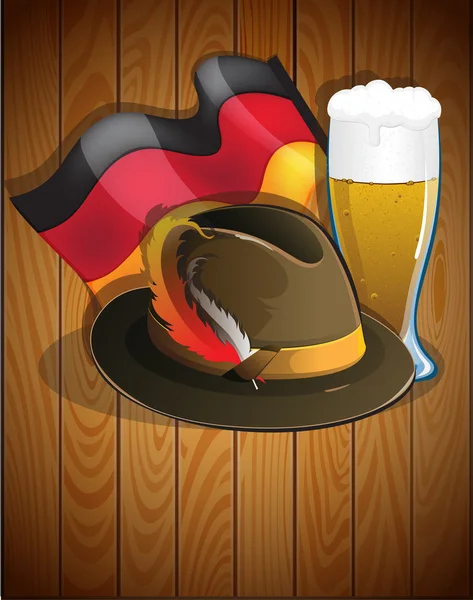 Bicchiere di birra, bandiera tedesca e cappello Oktoberfest — Vettoriale Stock
