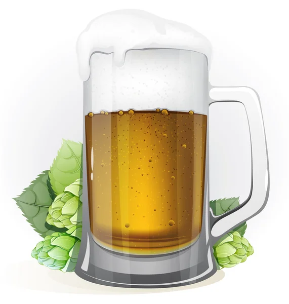 杯啤酒，蛇麻草的叶子 — 图库矢量图片
