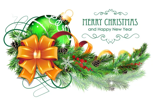 Boule de Noël avec arc et branche de sapin — Image vectorielle