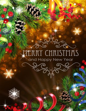 Şeritler, çam dalları ve koniler Noel arka plan üzerinde