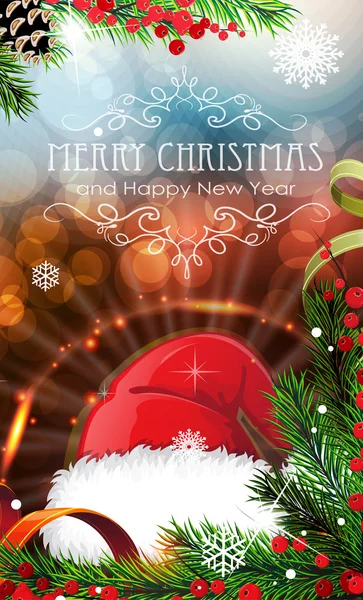 Chapeau de Père Noël rouge avec des étincelles et des branches de sapin — Image vectorielle