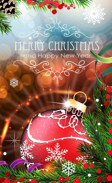 Boule de Noël rouge avec étincelles et branches de sapin — Image vectorielle