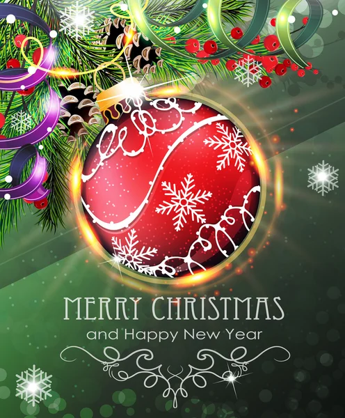 สีแดงคริสต์มาส bauble กับกิ่งไม้และ tinsel — ภาพเวกเตอร์สต็อก