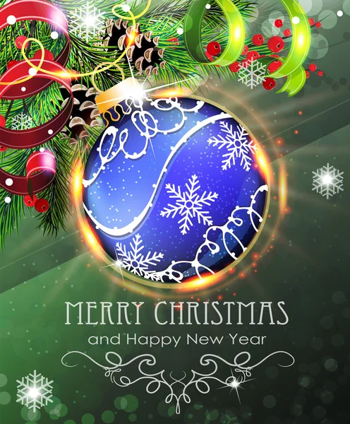 Boule de Noël bleue avec branches de sapin et tinsel — Image vectorielle