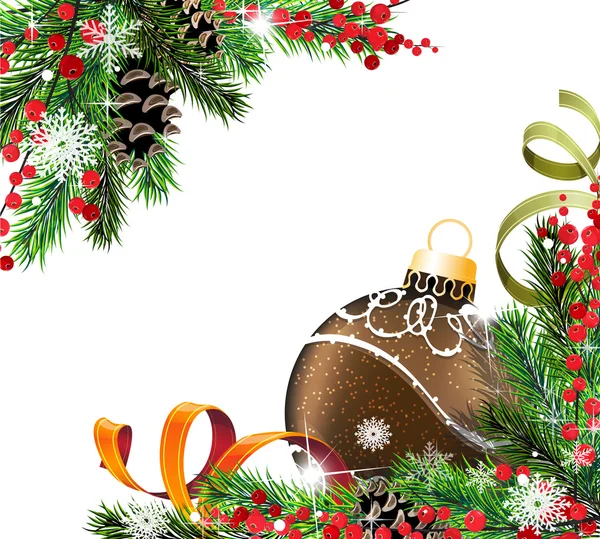 Boule de Noël brune et branches de sapin — Image vectorielle