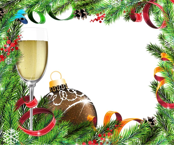 Boże Narodzenie wieniec przy lampce szampana i brązowy bal Boże Narodzenie — Wektor stockowy