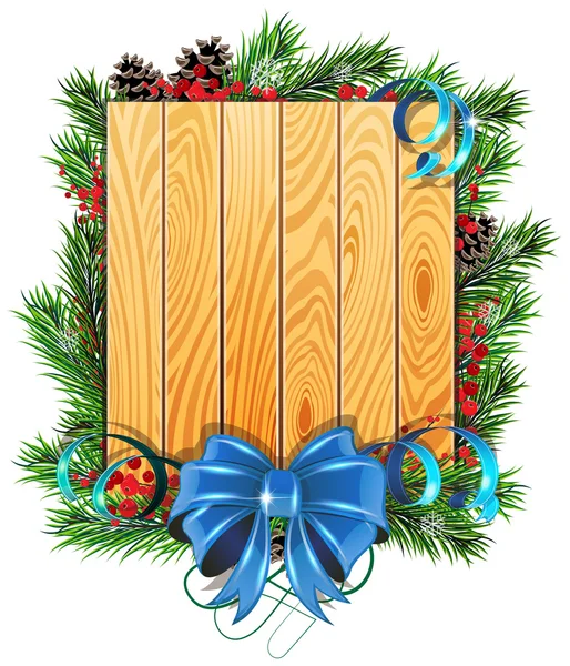 Ramas de árbol de Navidad, lazo azul y cintas — Vector de stock