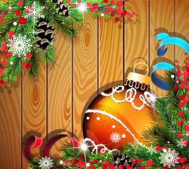 Ahşap arka plan üzerinde turuncu Noel topu