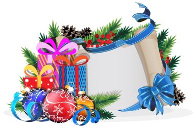 Paper scroll with blue bow, gifts and Christmas balls clipart
