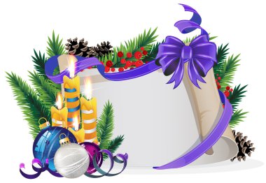 Paper scroll with purple bow, candles and Christmas balls clipart