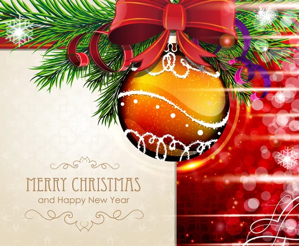 Ramas de árbol de Navidad con arco y bauble — Vector de stock