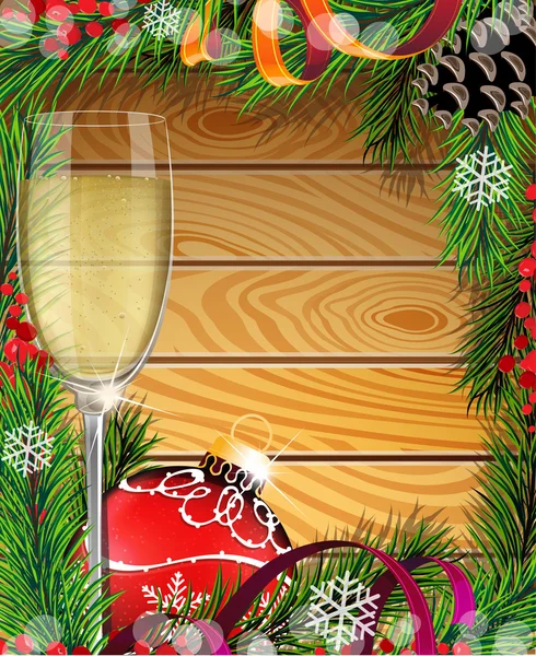 Glas champagne en rode Kerstdecoratie — Stockvector