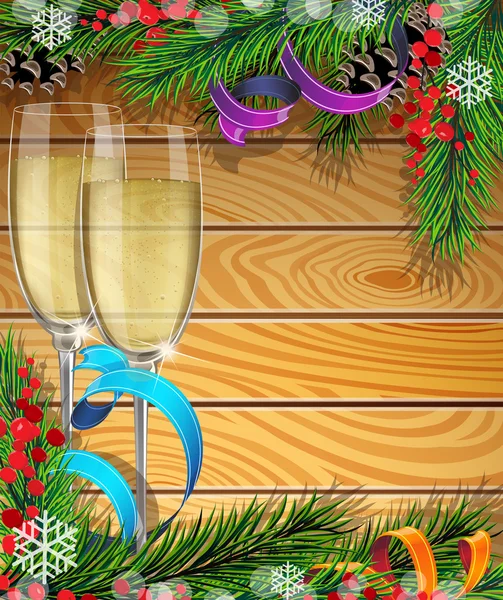 Verres de champagne et branches d'arbres de Noël — Image vectorielle