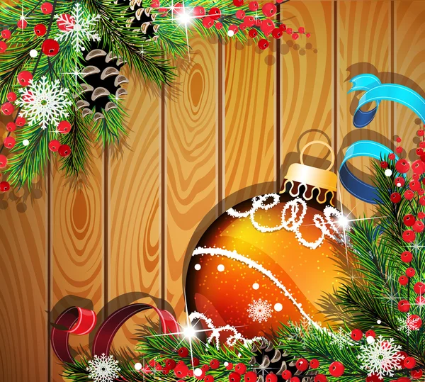 Balle de Noël orange sur fond en bois — Image vectorielle