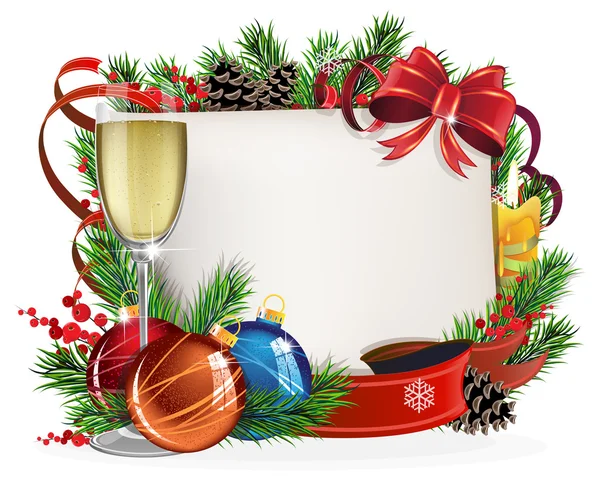 Rolagem de papel com copo de champanhe e bolas de Natal — Vetor de Stock
