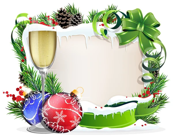 Paper scroll with glass of champagne and Christmas ornaments — Stock Vector