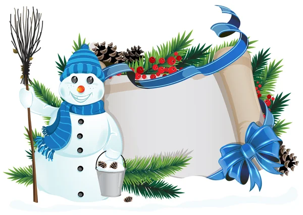 Sneeuwpop met broom en emmer — Stockvector
