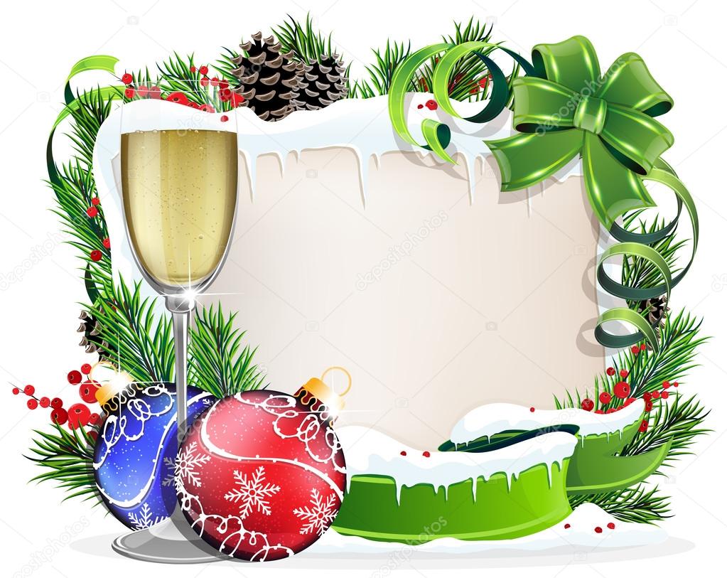 Paper scroll with glass of champagne and Christmas ornaments