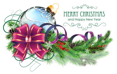 Blue Christmas ball with purple bow and fir branches clipart