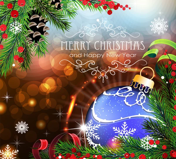 Palla di Natale blu con scintille e rami di abete — Vettoriale Stock