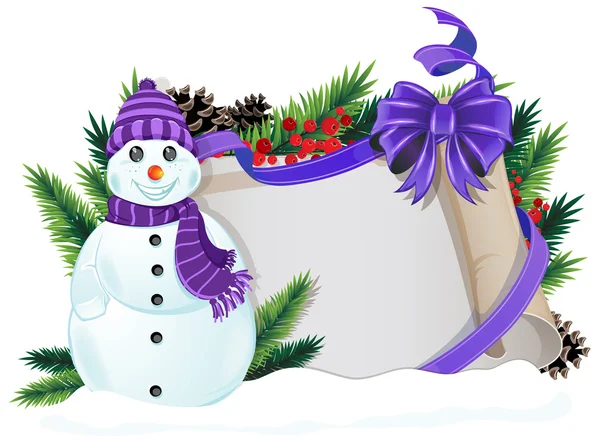 Snowman with purple hat and scarf — Stock Vector