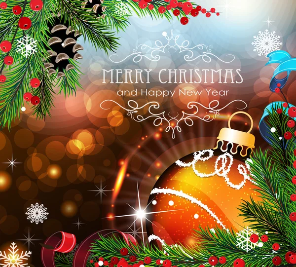 Bola de Natal laranja com brilhos e ramos de abeto — Vetor de Stock