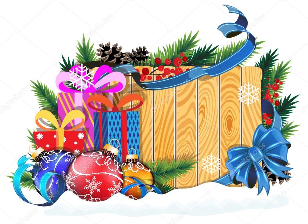 Baubles and Christmas presents on wooden background