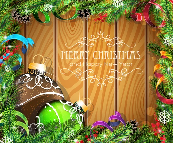 Braune und grüne Weihnachtskugeln auf hölzernem Hintergrund — Stockvektor
