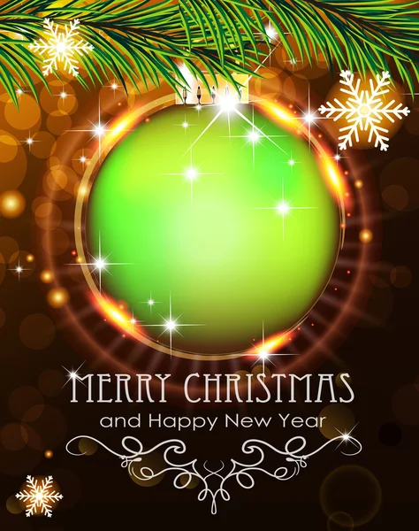 Green Christmas ball with sparkles and fir branches — Stock Vector