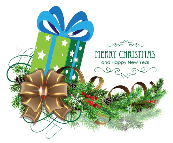 Regalo de Navidad verde con arco y rama de abeto — Vector de stock