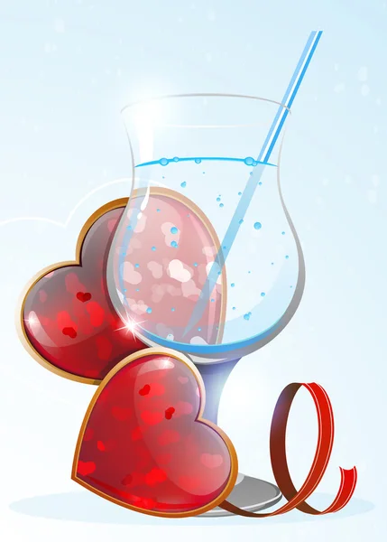 Bebida transparente y corazones de San Valentín — Vector de stock